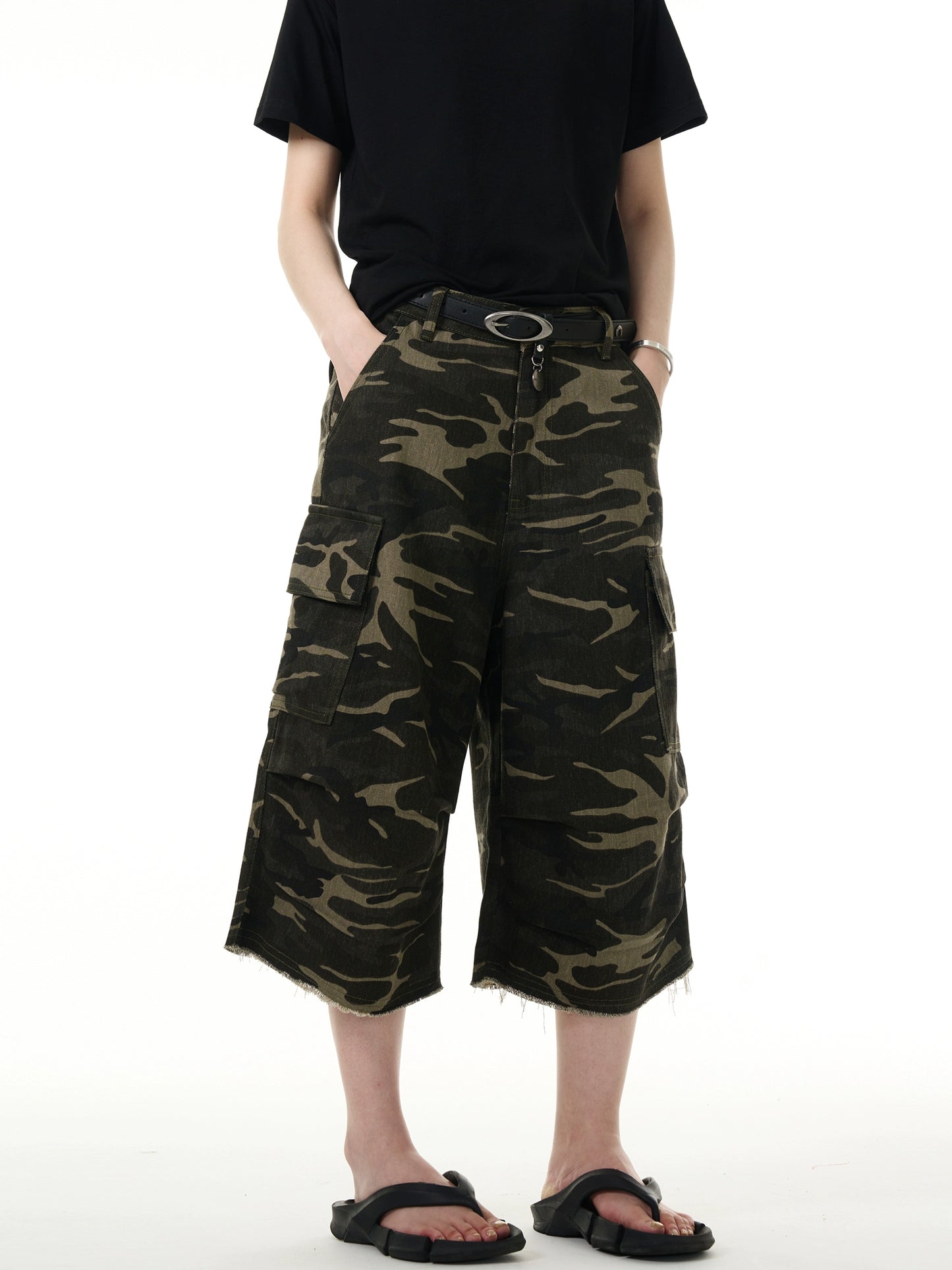 【Onefish Shop】カーゴパンツ 7分丈 ポケット アメリカン ルーズ 迷彩柄 レトロ cargo pants LS2408143