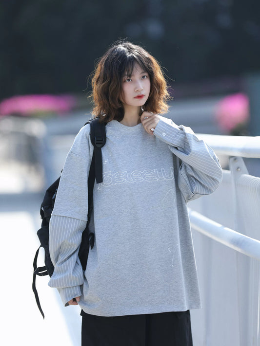 【Onefish Shop】フェイクレイヤード クルーネック 長袖 シャツ（2Colors）241745