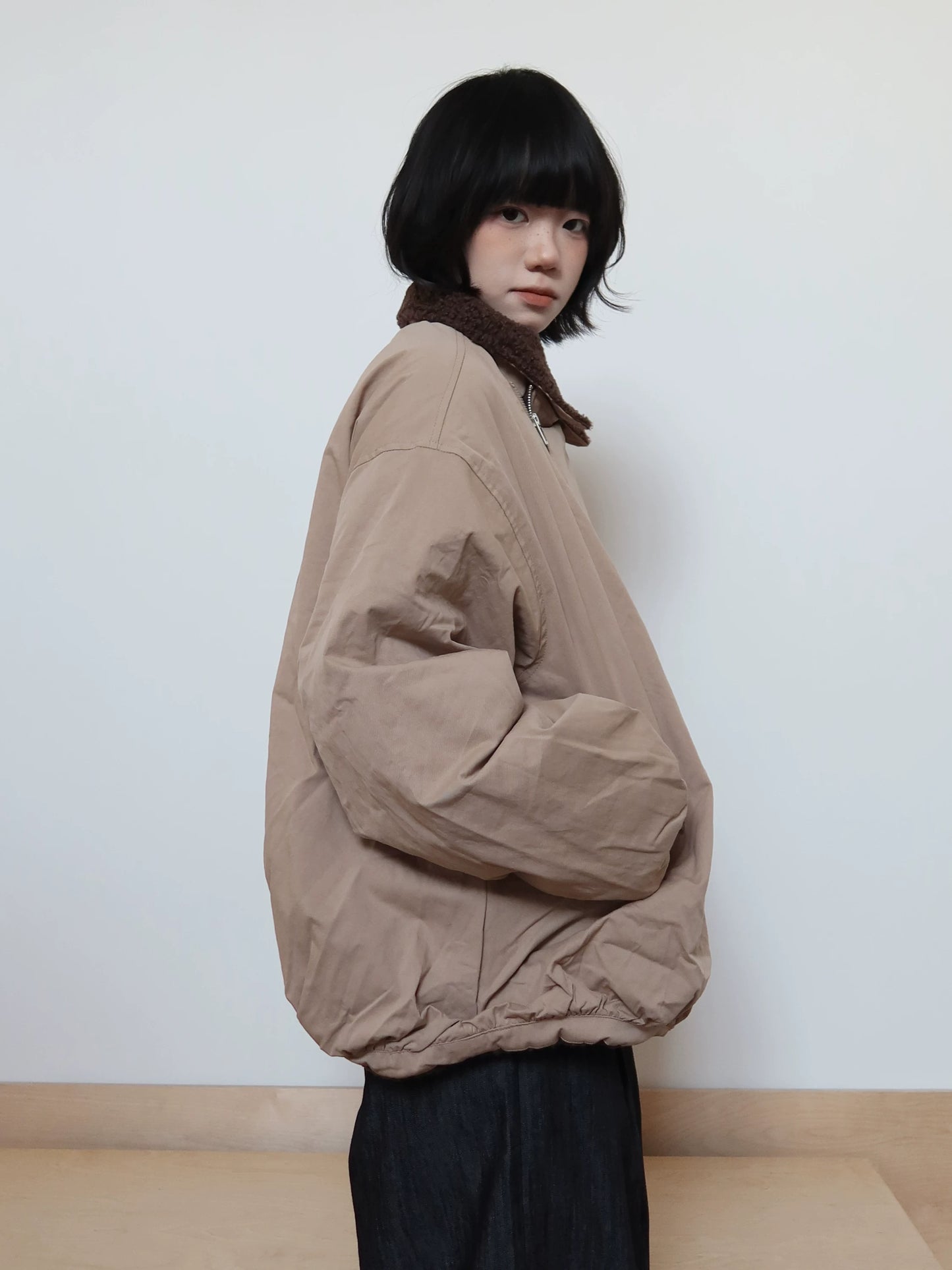【Onefish Shop】アシンメトリーZIP ボア襟 バーンスタイル中綿ジャケット LS2601076